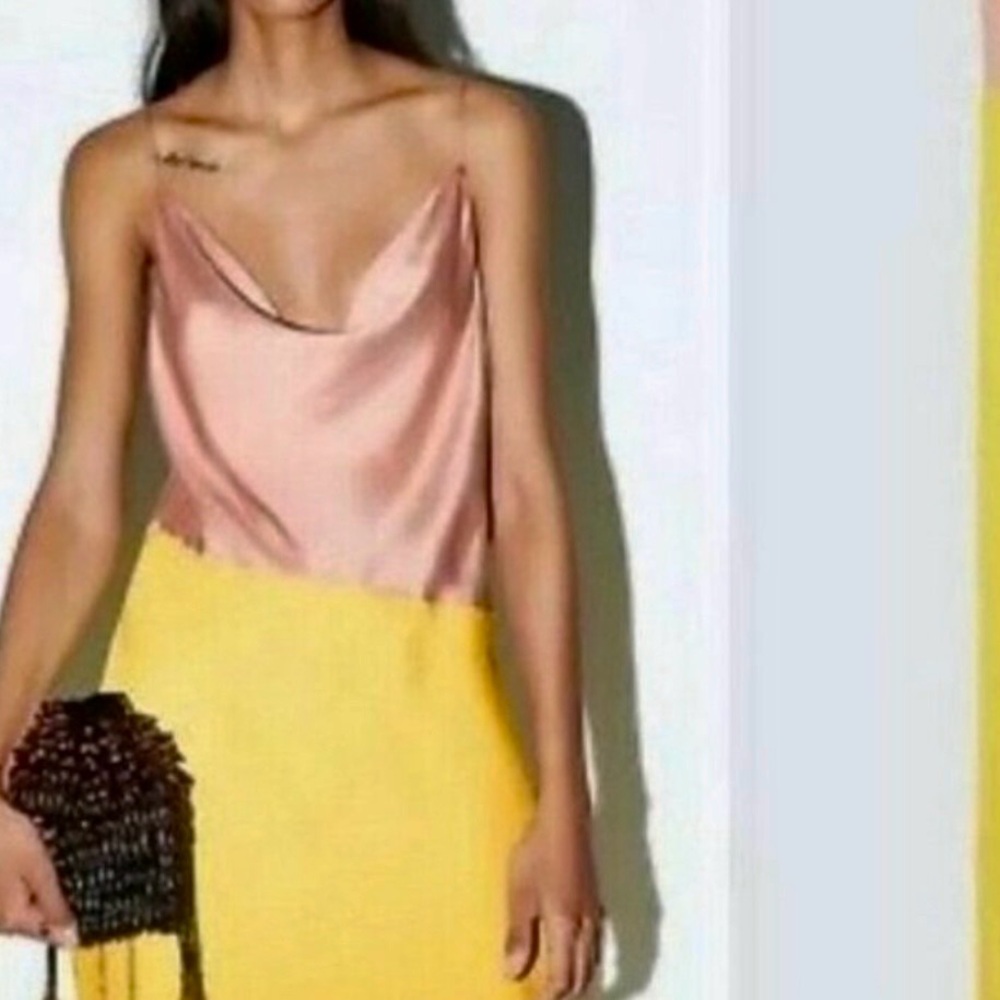 Zara whimsical rose & yellow color block draped cowl neck Slip midi Dress XS - Picture 2 of 13